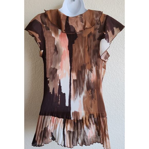 Cato Brown Peach Accordion Pleated Button Ruffled Top XL Short Capped Sleeve - Picture 3 of 5